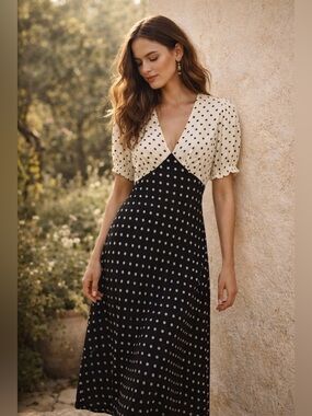 A New Day | Polka Dot V-Neck Midi Dress in Black and Cream